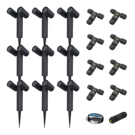 Set van 9 Pinero Dubbel LED prikspot - Kantelbaar - Dimbaar - GU10 - IP65 waterdicht - Zwart - Tuinspot - Pinspot - Inclusief installatiemateriaal (Kabel & connector) | HOFTRONIC