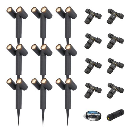 Set van 9 Pinero Dubbel LED prikspots - GU10 8W 690lm - Dimbaar - Kantelbaar - 2700K - IP65 - Zwart - Inclusief installatiemateriaal (Kabel & connector) | HOFTRONIC