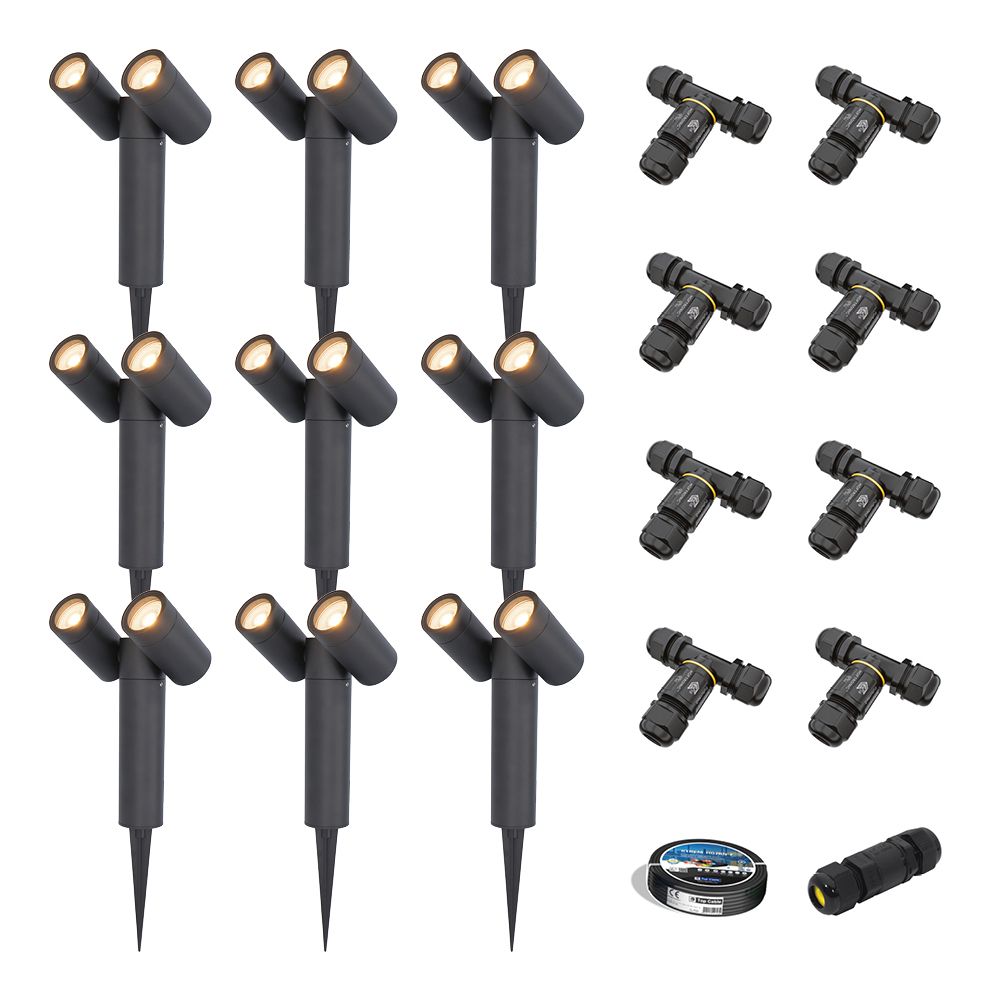 Set van 9 Pinero Dubbel LED prikspots - GU10 8W 690lm - Dimbaar - Kantelbaar - 2700K - IP65 - Zwart - Inclusief installatiemateriaal (Kabel & connector) | HOFTRONIC