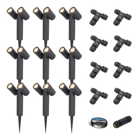 Set van 9 Pinero Dubbel LED prikspots - GU10 8W 690lm - Dimbaar - Kantelbaar - GU10 - 4000K - IP64 - Zwart - Inclusief installatiemateriaal (Kabel & connector) | HOFTRONIC
