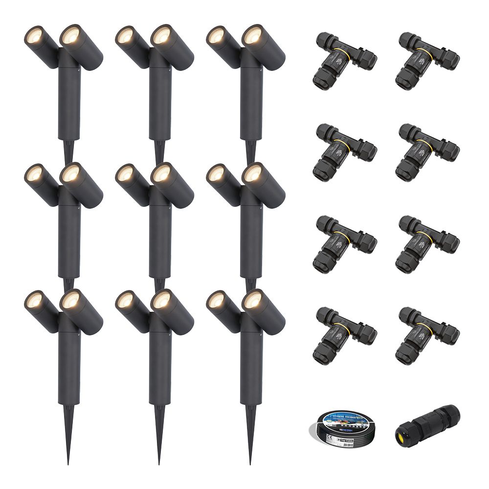 Set van 9 Pinero Dubbel LED prikspots - GU10 8W 690lm - Dimbaar - Kantelbaar - GU10 - 4000K - IP64 - Zwart - Inclusief installatiemateriaal (Kabel & connector) | HOFTRONIC