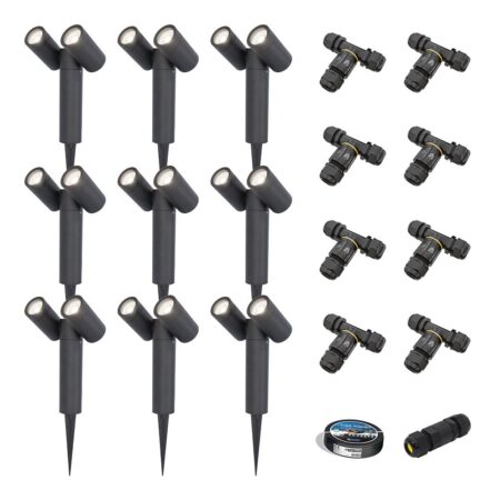 Set van 9 Pinero Dubbel LED prikspots - GU10 8W 690lm - Dimbaar - Kantelbaar - GU10 - 6500K - IP64 - Zwart - Inclusief installatiemateriaal (Kabel & connector) | HOFTRONIC