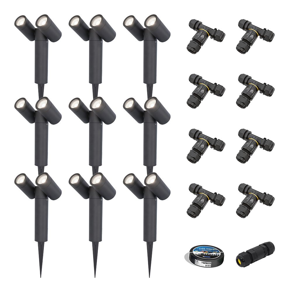 Set van 9 Pinero Dubbel LED prikspots - GU10 8W 690lm - Dimbaar - Kantelbaar - GU10 - 6500K - IP64 - Zwart - Inclusief installatiemateriaal (Kabel & connector) | HOFTRONIC