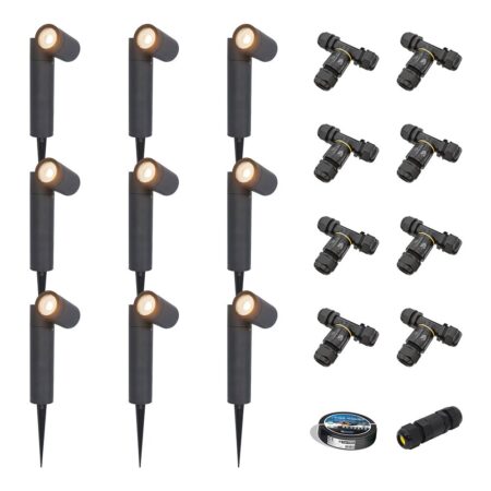 Set van 9 Pinero LED prikspots - GU10 4W 345lm - Dimbaar - Kantelbaar - 2700K - IP65 - Zwart - Tuinspot - Inclusief installatiemateriaal (Kabel & connector)s - Inclusief installatiemateriaal (Kabel & connector) | HOFTRONIC