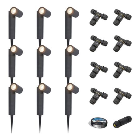 Set van 9 Pinero LED prikspots - GU10 4W 345lm - Dimbaar - Kantelbaar - 4000K - IP64 - Zwart - Tuinspot - Inclusief installatiemateriaal (Kabel & connector) | HOFTRONIC