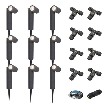 Set van 9 Pinero LED prikspots - GU10 4W 345lm - Dimbaar - Kantelbaar - 6500K - IP64 - Zwart - Tuinspot - Inclusief installatiemateriaal (Kabel & connector) | HOFTRONIC