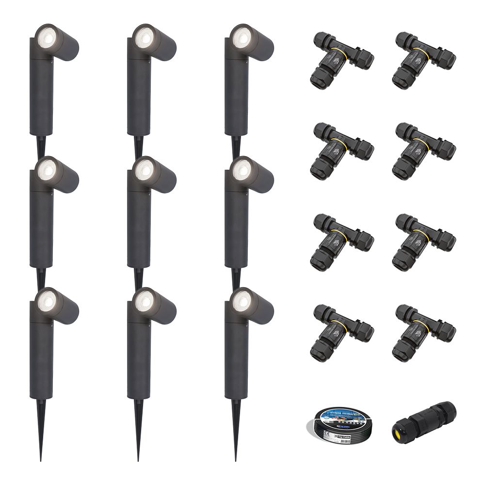 Set van 9 Pinero LED prikspots - GU10 4W 345lm - Dimbaar - Kantelbaar - 6500K - IP64 - Zwart - Tuinspot - Inclusief installatiemateriaal (Kabel & connector) | HOFTRONIC