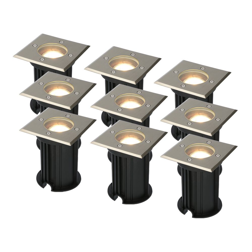 Set van 9 Ramsay LED Grondspot - Dimbaar - Vierkant - GU10 - 4 Watt 345 lumen - 2700K warm wit - RVS - IP67 waterdicht - Tuinspot - Oprit | HOFTRONIC