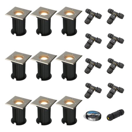 Set van 9 Ramsay LED Grondspot - Dimbaar - Vierkant - GU10 - 4W 345lm - 2700K warm wit - RVS - IP67 waterdicht - Tuinspot - Oprit - Inclusief installatiemateriaal (Kabel & connector) | HOFTRONIC