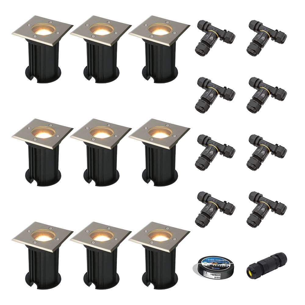 Set van 9 Ramsay LED Grondspot - Dimbaar - Vierkant - GU10 - 4W 345lm - 2700K warm wit - RVS - IP67 waterdicht - Tuinspot - Oprit - Inclusief installatiemateriaal (Kabel & connector) | HOFTRONIC