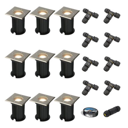 Set van 9 Ramsay LED Grondspot - Dimbaar - Vierkant - GU10 - 4W 345lm - 4000K neutraal wit - RVS - IP67 waterdicht - Tuinspot - Oprit - Inclusief installatiemateriaal (Kabel & connector) | HOFTRONIC