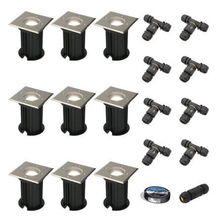 Set van 9 Ramsay LED Grondspot - Dimbaar - Vierkant - GU10 - 4W 345lm - 6500K daglicht wit - RVS - IP67 waterdicht - Tuinspot - Oprit - Inclusief installatiemateriaal (Kabel & connector) | HOFTRONIC