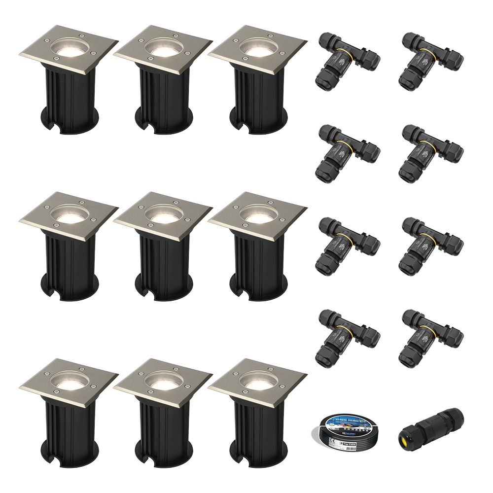 Set van 9 Ramsay LED Grondspot - Dimbaar - Vierkant - GU10 - 4W 345lm - 6500K daglicht wit - RVS - IP67 waterdicht - Tuinspot - Oprit - Inclusief installatiemateriaal (Kabel & connector) | HOFTRONIC