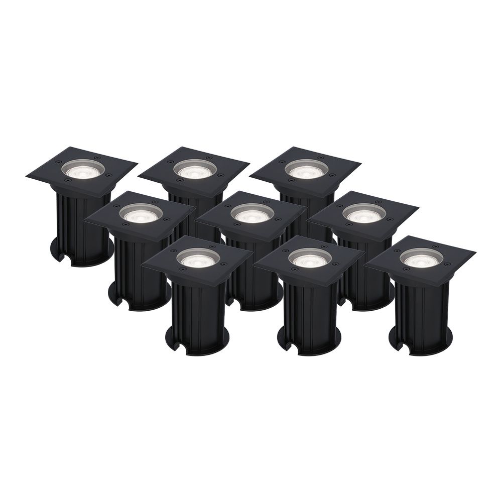 Set van 9 Ramsay LED Grondspots Vierkant - Dimbaar - GU10 - 6500K daglicht wit - 4 Watt 345 Lumen - Tuinspot - Zwart - IP67 waterdicht - Overrijdbaar voor de Oprit