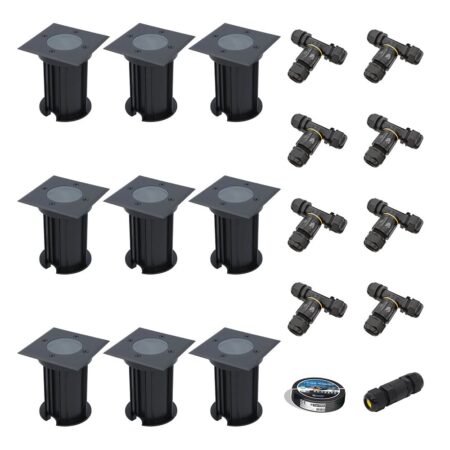 Set van 9 Ramsay LED Grondspots - Vierkant - Dimbaar - GU10 - Excl. Lichtbron - Tuinspot - Zwart - IP67 waterdicht - Overrijdbaar voor de Oprit