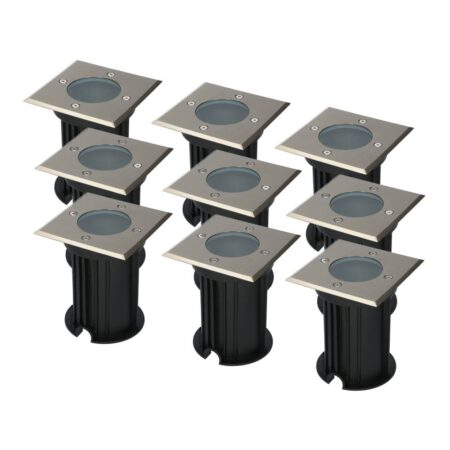 Set van 9 Ramsay LED Grondspots - Vierkant - RVS - GU10 fitting - Excl. lichtbron - IP67 waterdicht - Tuinspot - Oprit | HOFTRONIC