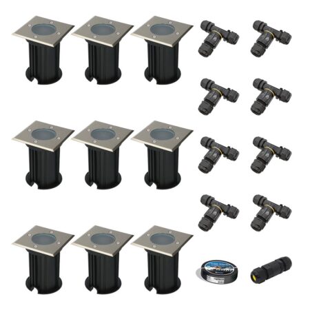 Set van 9 Ramsay LED Grondspots - Vierkant - RVS - GU10 fitting - Excl. lichtbron - IP67 waterdicht - Tuinspot - Oprit - Inclusief installatiemateriaal (Kabel & connector) | HOFTRONIC