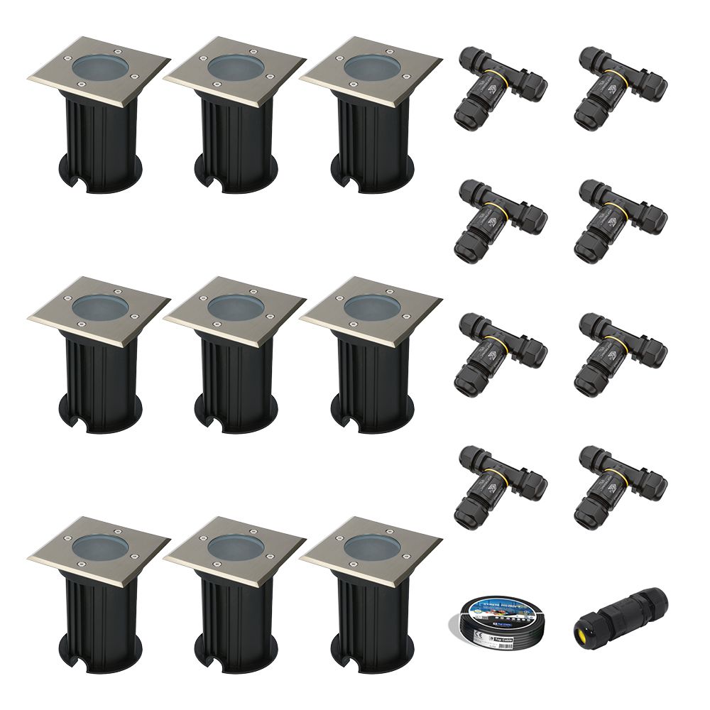Set van 9 Ramsay LED Grondspots - Vierkant - RVS - GU10 fitting - Excl. lichtbron - IP67 waterdicht - Tuinspot - Oprit - Inclusief installatiemateriaal (Kabel & connector) | HOFTRONIC