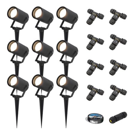 Set van 9 Spikey LED prikspots - GU10 4 Watt 345 Lumen - Dimbaar - Kantelbaar - 4000K neutraal wit - IP64 Waterdicht - Zwart - Tuinspots - Pinspots - Inclusief installatiemateriaal (Kabel & connector) | HOFTRONIC