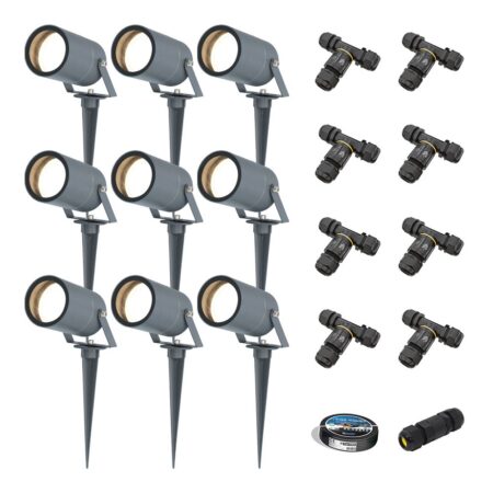 Set van 9 Spikey LED prikspots - GU10 4 Watt 345 Lumen - Dimbaar - Kantelbaar - 4000K neutraal wit - IP65 Waterdicht - Antraciet - Tuinspots - Pinspots - Inclusief installatiemateriaal (Kabel & connector) | HOFTRONIC
