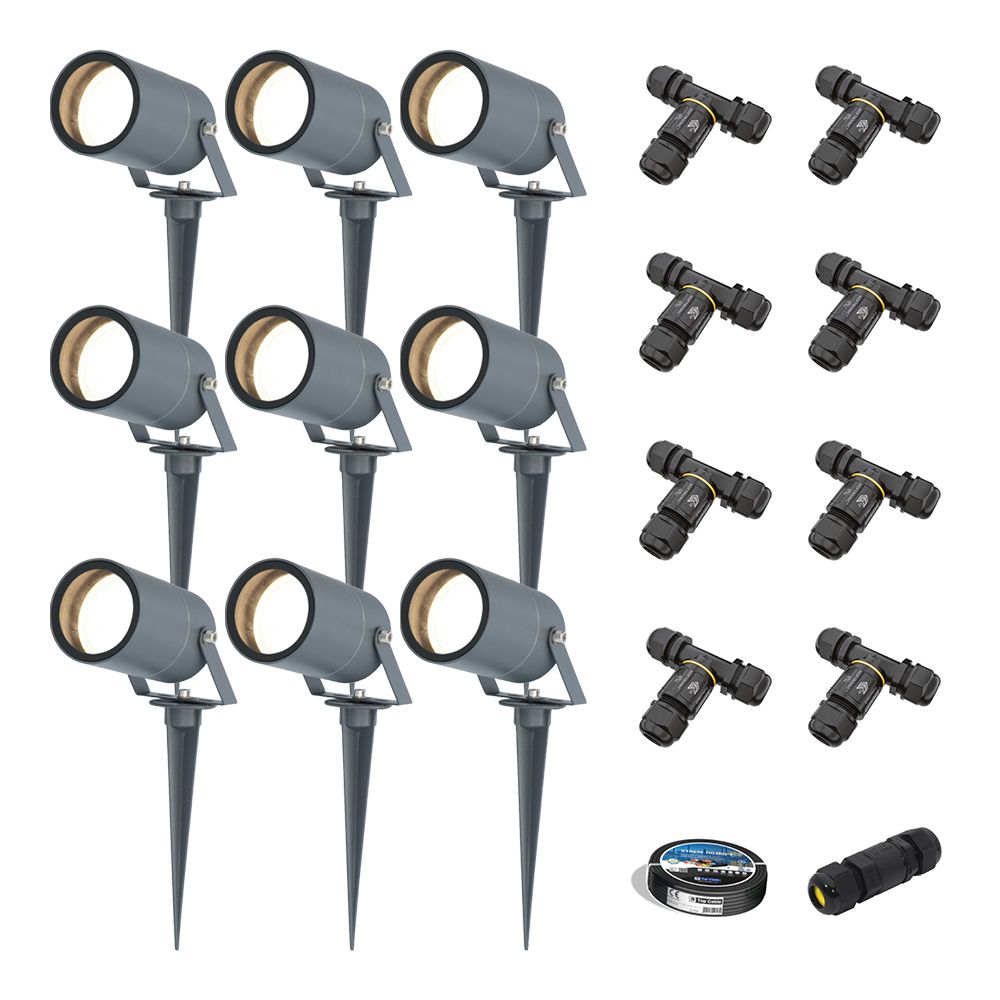 Set van 9 Spikey LED prikspots - GU10 4 Watt 345 Lumen - Dimbaar - Kantelbaar - 4000K neutraal wit - IP65 Waterdicht - Antraciet - Tuinspots - Pinspots - Inclusief installatiemateriaal (Kabel & connector) | HOFTRONIC
