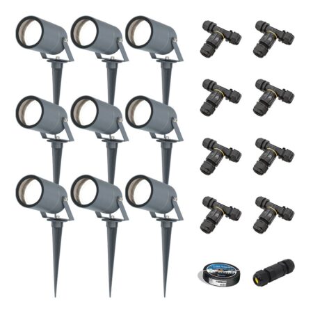 Set van 9 Spikey LED prikspots - GU10 4 Watt 345 Lumen - Dimbaar - Kantelbaar - 6500K daglicht wit - IP64 Waterdicht - Antraciet - Tuinspots - Pinspots - Inclusief installatiemateriaal (Kabel & connector) | HOFTRONIC
