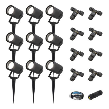 Set van 9 Spikey LED prikspots - GU10 4 Watt 345 Lumen - Dimbaar - Kantelbaar - 6500K daglicht wit - IP64 Waterdicht - Zwart - Tuinspots - Pinspots - Inclusief installatiemateriaal (Kabel & connector) | HOFTRONIC