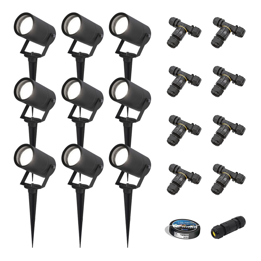 Set van 9 Spikey LED prikspots - GU10 4 Watt 345 Lumen - Dimbaar - Kantelbaar - 6500K daglicht wit - IP64 Waterdicht - Zwart - Tuinspots - Pinspots - Inclusief installatiemateriaal (Kabel & connector) | HOFTRONIC