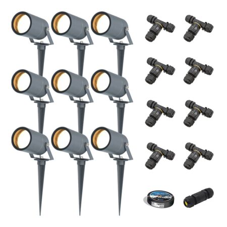 Set van 9 Spikey LED prikspots - GU10 4 Watt 345 lumen - Dimbaar - Kantelbaar - 2700K warm wit - IP65 Waterdicht - Antraciet - Tuinspots - Pinspots | HOFTRONIC