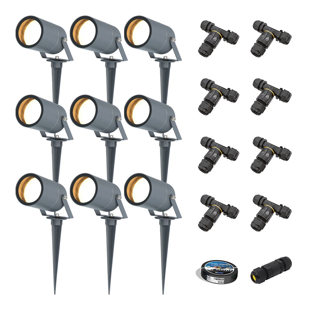 Set van 9 Spikey LED prikspots - GU10 4 Watt 345 lumen - Dimbaar - Kantelbaar - 2700K warm wit - IP65 Waterdicht - Antraciet - Tuinspots - Pinspots | HOFTRONIC