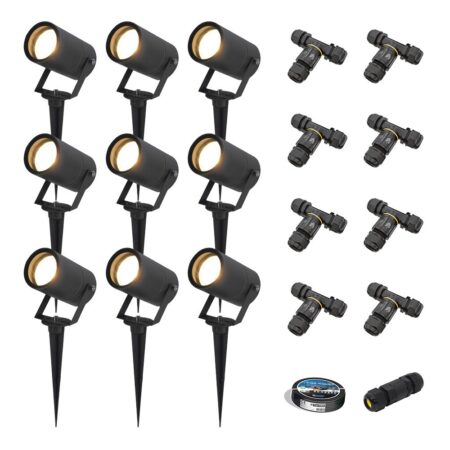 Set van 9 Spikey LED prikspots - GU10 4 Watt 345 lumen - Dimbaar - Kantelbaar - 2700K warm wit - IP65 Waterdicht - Zwart - Tuinspots - Pinspots - Inclusief installatiemateriaal (Kabel & connector) | HOFTRONIC