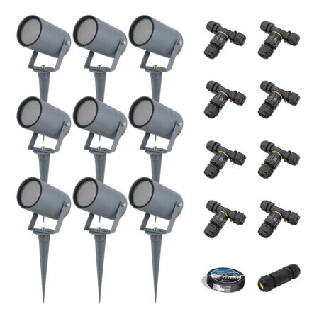 Set van 9 Spikey dimbare LED prikspots - excl. GU10 - Wandspot - IP65 voor binnen en buiten - Grondspies - Antraciet | HOFTRONIC