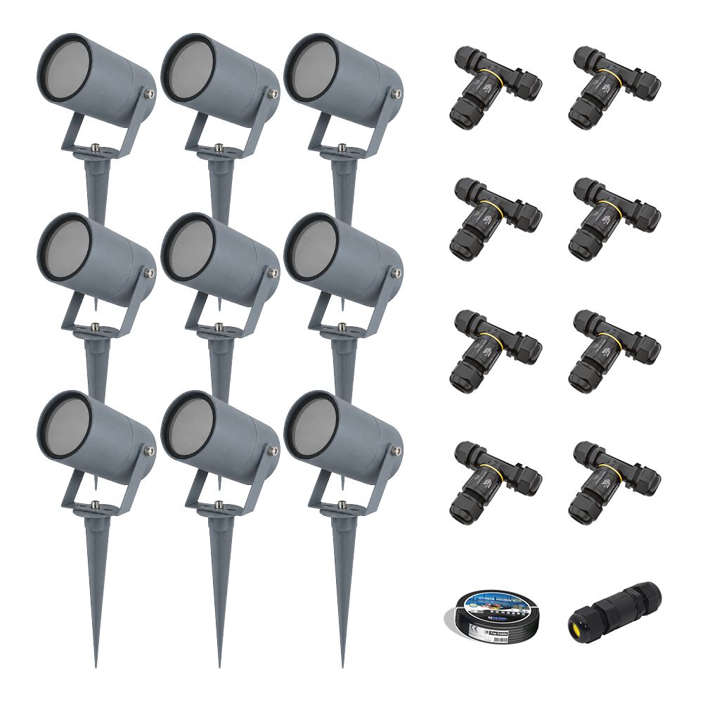 Set van 9 Spikey dimbare LED prikspots - excl. GU10 - Wandspot - IP65 voor binnen en buiten - Grondspies - Antraciet | HOFTRONIC