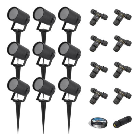 Set van 9 Spikey dimbare LED prikspots - excl. GU10 - Wandspot - IP65 voor binnen en buiten - Grondspies - Zwart | HOFTRONIC