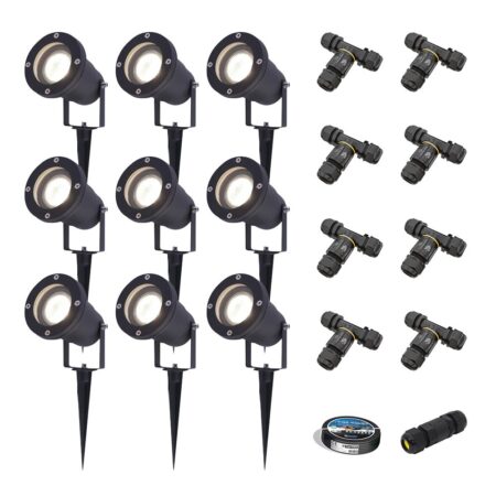 Set van 9 Sydney LED prikspots - Dimbaar - Kantelbaar - GU10 4 Watt 345 Lumen - 4000K neutraal wit - IP64 Waterdicht - Zwart - Inclusief installatiemateriaal (Kabel & connector) | HOFTRONIC