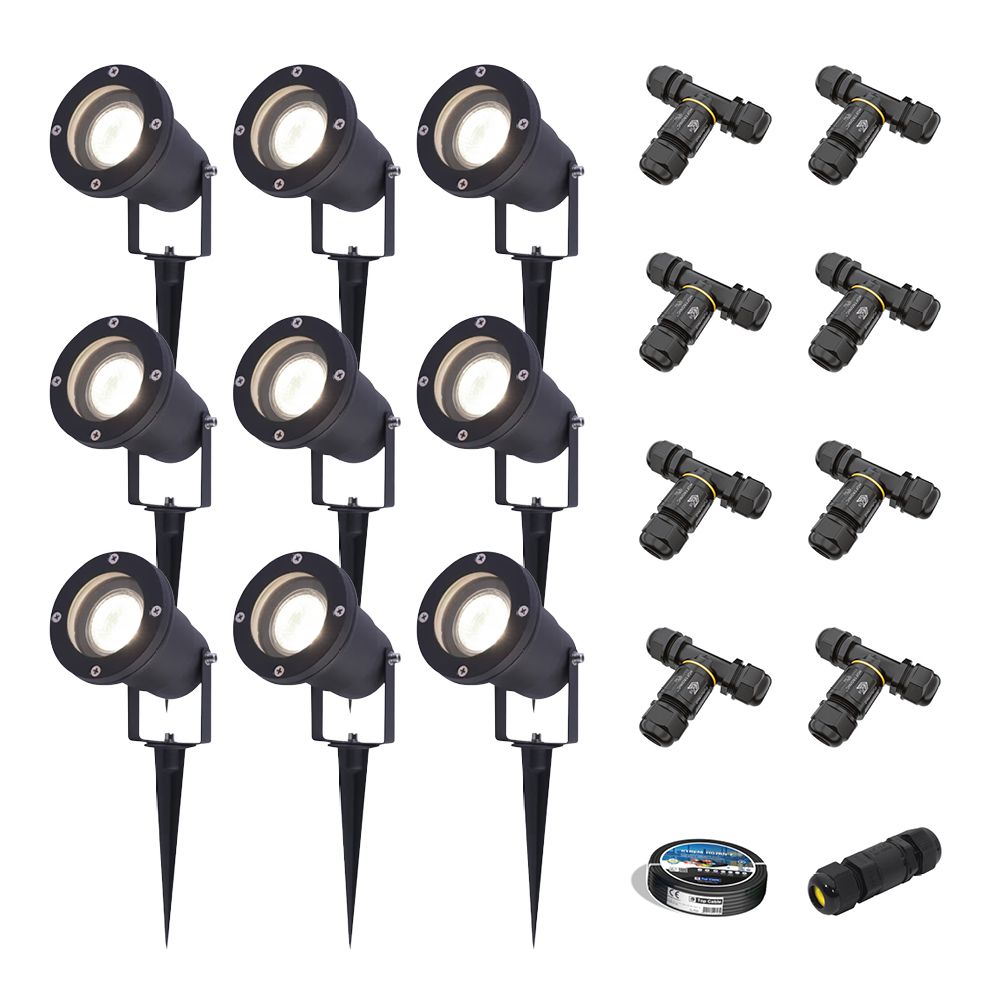 Set van 9 Sydney LED prikspots - Dimbaar - Kantelbaar - GU10 4 Watt 345 Lumen - 4000K neutraal wit - IP64 Waterdicht - Zwart - Inclusief installatiemateriaal (Kabel & connector) | HOFTRONIC