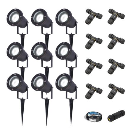 Set van 9 Sydney LED prikspots - Dimbaar - Kantelbaar - GU10 4 Watt 345 Lumen - 6500K daglicht wit - IP64 Waterdicht - Zwart - Inclusief installatiemateriaal (Kabel & connector) | HOFTRONIC