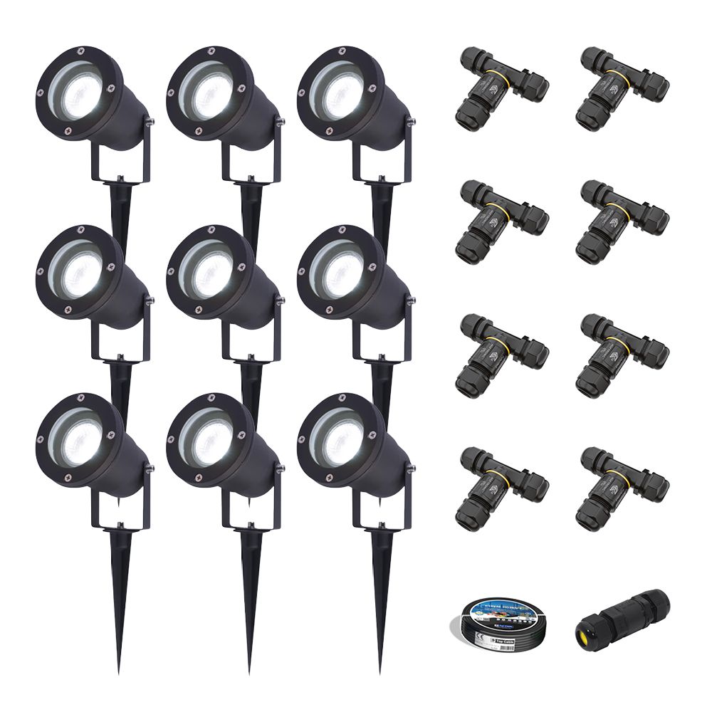 Set van 9 Sydney LED prikspots - Dimbaar - Kantelbaar - GU10 4 Watt 345 Lumen - 6500K daglicht wit - IP64 Waterdicht - Zwart - Inclusief installatiemateriaal (Kabel & connector) | HOFTRONIC