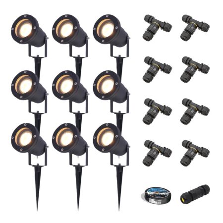Set van 9 Sydney LED prikspots - Dimbaar - Kantelbaar - GU10 4 Watt 345 lumen - 2700K warm wit - IP65 Waterdicht - Zwart - Inclusief installatiemateriaal (Kabel & connector) | HOFTRONIC