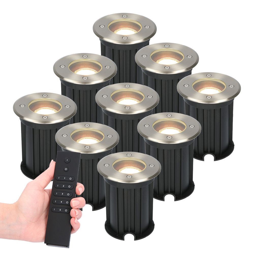 Set van 9 dimbare LED grondspot Maisy - rond - RVS - 4 Watt 345 lumen - 2700K warm wit - IP65 Waterdicht - Incl. dimmer met afstandsbediening | HOFTRONIC