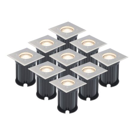 Set van 9 grondspots - RVS - vierkant - 2700K warm wit - GU10 fitting - IP65 Waterdicht - 3 jaar garantie - dimbaar - tuinverlichting | HOFTRONIC