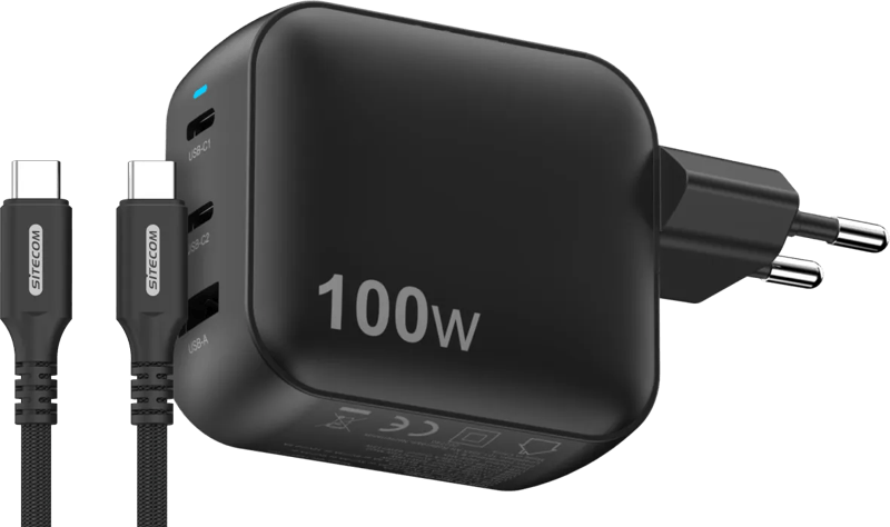 Sitecom 100W GaN Power Delivery Oplader + Sitecom USB-C naar USB-C Kabel 2m