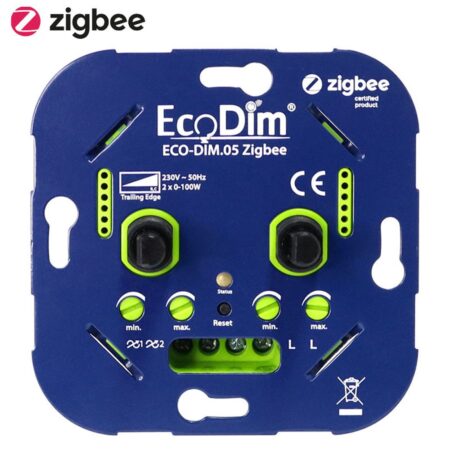 Smart Duo LED dimmer Zigbee Inbouw - 2x 0-100 Watt - Geschikt voor fase afsnijding - Min./Max. Instelbaar - ECO-DIM.05 Zigbee | Ecodim