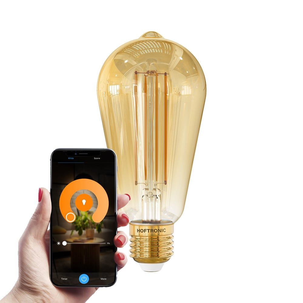 Smart E27 LED Filament Lamp - 7 Watt 806 lumen - ST64 Amberkleurig glas - 1800-3000K Dimbaar - Edison lamp | HOFTRONIC
