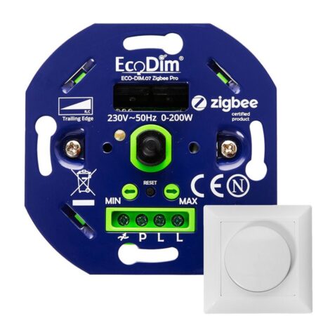 Smart LED Dimmer Zigbee Inbouw - 0-250W - Geschikt voor fase aan- en afsnijding - Incl. wit frame en draaiknop - Min./Max. Instelbaar - ECO-DIM.07.Zigbee | Ecodim