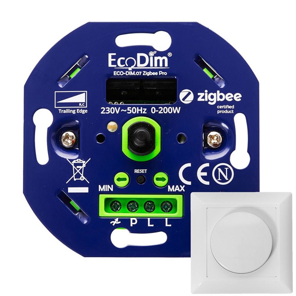 Smart LED Dimmer Zigbee Inbouw - 0-250W - Geschikt voor fase aan- en afsnijding - Incl. wit frame en draaiknop - Min./Max. Instelbaar - ECO-DIM.07.Zigbee | Ecodim