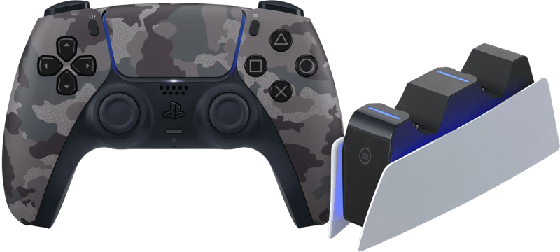 Sony PlayStation 5 DualSense Draadloze Controller Grey Camo + BlueBuilt Oplaadstation