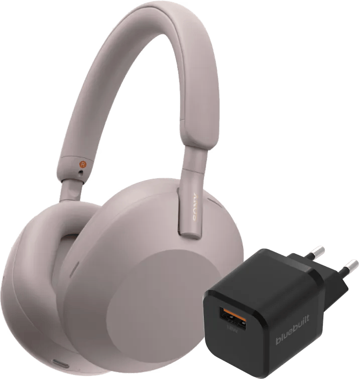 Sony WH-1000XM5 Roze + BlueBuilt Quick Charge Oplader met Usb A Poort 18W Zwart