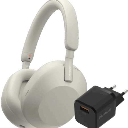 Sony WH-1000XM5 Zilver + BlueBuilt Quick Charge Oplader met Usb A Poort 18W Zwart