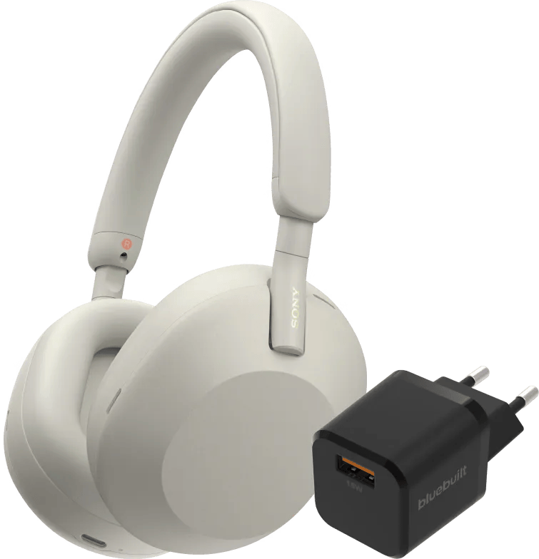 Sony WH-1000XM5 Zilver + BlueBuilt Quick Charge Oplader met Usb A Poort 18W Zwart